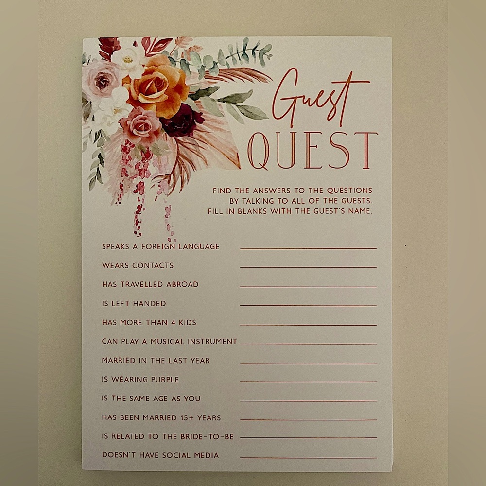 22 pack Guest Quest Bridal Shower Party Games